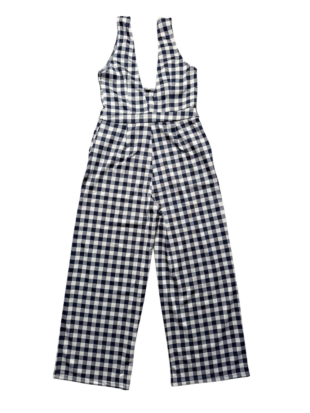 Cider Navy Gingham Wide Leg Jumpsuit Button Front Pockets Size Medium - Picture 3 of 14